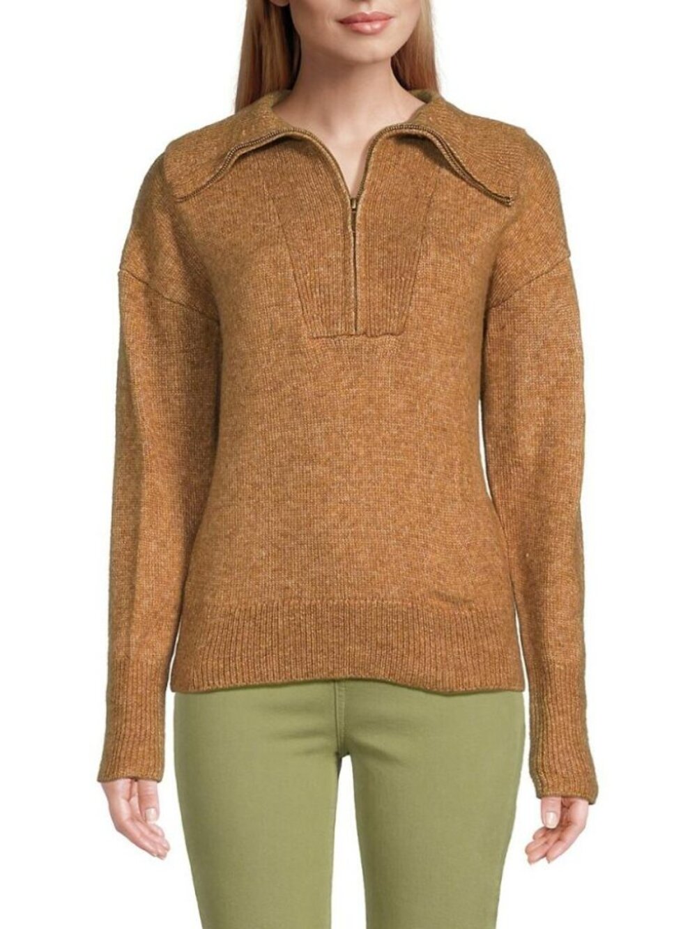 NWT Saks Fifth Avenue Women's Drop Shoulder Quarter Zip Sweater - Hazelnut (L)
